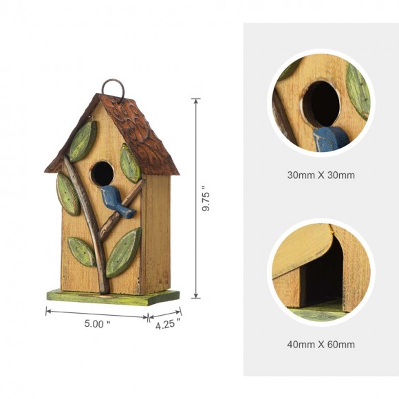 Glitzhome Glitzhome 9.75"H Washed Yellow Distressed Solid Wood Birdhouse With 3D Tree And Bird