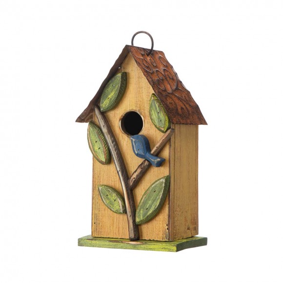 glitzhome Glitzhome 9.75"H Washed Yellow Distressed Solid Wood Birdhouse with 3D Tree and Bird