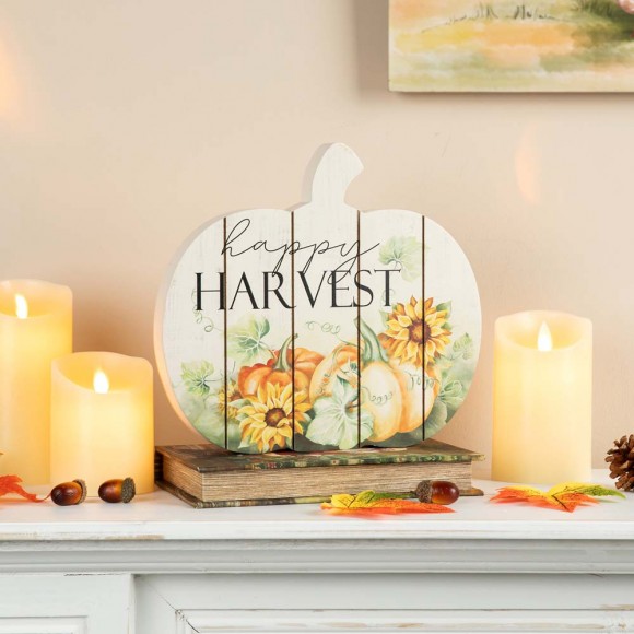 Glitzhome Glitzhome 9.75"L "Happy Harvest" Wooden Pumpkin Table Sign Decor