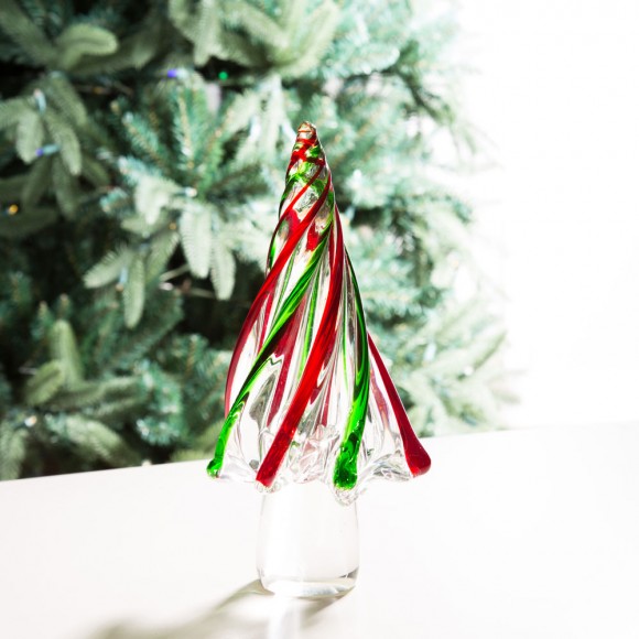 Glitzhome Glitzhome 9.8"H Red/Green Striped Table Decor Glass Christmas Tree
