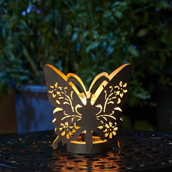 Glitzhome Glitzhome 9"L Black And Gold Metal Cutout Flying Butterfly Silhouette Solar Powdered Edison Bulb Outdoor Lantern