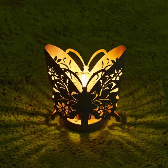 Glitzhome Glitzhome 9"L Black And Gold Metal Cutout Flying Butterfly Silhouette Solar Powdered Edison Bulb Outdoor Lantern