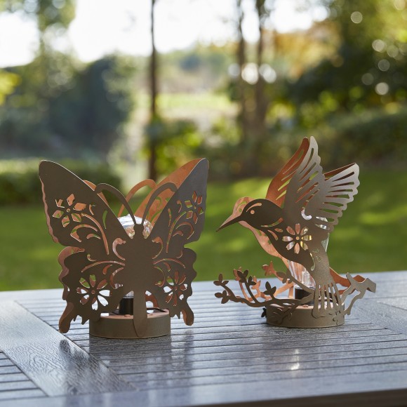 Glitzhome Glitzhome 9"L Black And Gold Metal Cutout Flying Butterfly Silhouette Solar Powdered Edison Bulb Outdoor Lantern