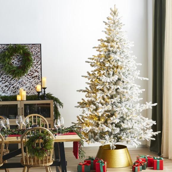 Glitzhome Glitzhome 9ft Pre-Lit Flocked Full Fir Artificial Christmas Tree With 650 Warm White/Multicolor LED Lights 9 Function W/Foot Pedal Simple Setup