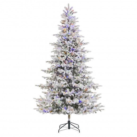 glitzhome Glitzhome 9ft Pre-Lit Flocked Full Fir Artificial Christmas Tree with 650 Warm White/Multicolor LED Lights 9 Function w/Foot Pedal Simple Setup