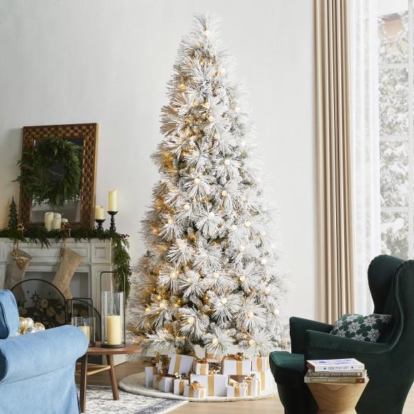 Glitzhome Glitzhome 9ft Pre-Lit Flocked Full Pine Artificial Christmas Tree With 800 G40 Warm White Globe LED Lights 3 Function W/Foot Pedal Simple Setup