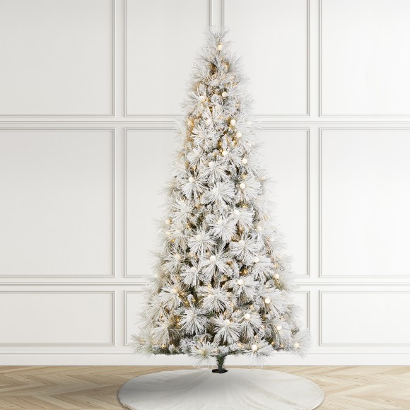 Glitzhome Glitzhome 9ft Pre-Lit Flocked Full Pine Artificial Christmas Tree With 800 G40 Warm White Globe LED Lights 3 Function W/Foot Pedal Simple Setup