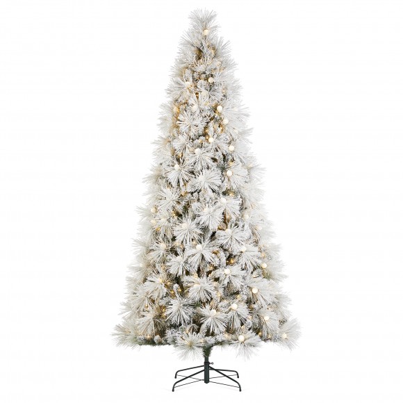 glitzhome Glitzhome 9ft Pre-Lit Flocked Full Pine Artificial Christmas Tree with 800 G40 Warm White Globe LED Lights 3 Function w/Foot Pedal Simple Setup