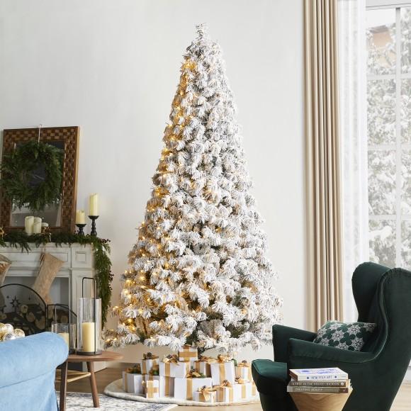 Glitzhome Glitzhome 9ft Pre-Lit Flocked Full Spruce Artificial Christmas Tree With 700 Warm White C3 Clear LED Lights 3 Function W/Foot Pedal Simple Setup