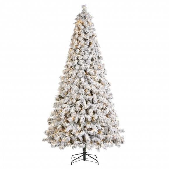 glitzhome Glitzhome 9ft Pre-Lit Flocked Full Spruce Artificial Christmas Tree with 700 Warm White C3 Clear LED Lights 3 Function w/Foot Pedal Simple Setup
