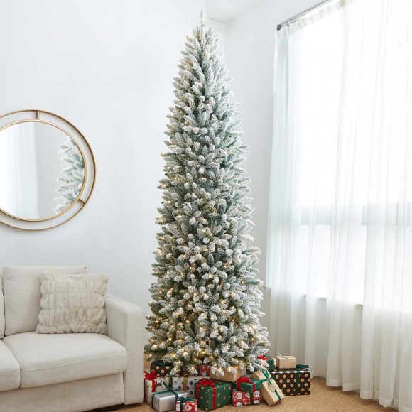Glitzhome Glitzhome 9ft Pre-Lit Flocked Pencil Fir Artificial Christmas Tree With 600 Warm White Lights