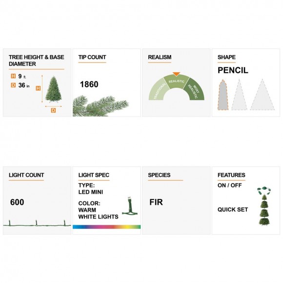 Glitzhome Glitzhome 9ft Pre-Lit Flocked Pencil Fir Artificial Christmas Tree With 600 Warm White Lights