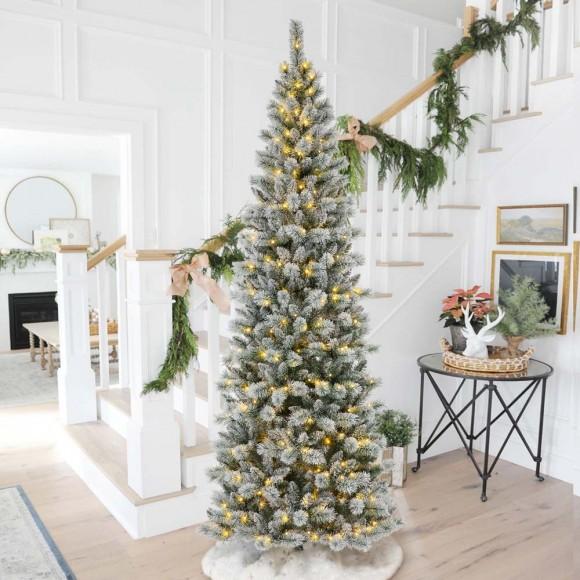 Glitzhome Glitzhome 9ft Pre-Lit Flocked Pencil Pine Artificial Christmas Tree With 450 LED Lights
