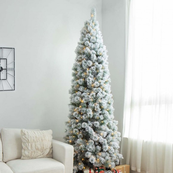 Glitzhome Glitzhome 9ft Pre-Lit Flocked Pencil Pine Artificial Christmas Tree With 500 Warm White Lights