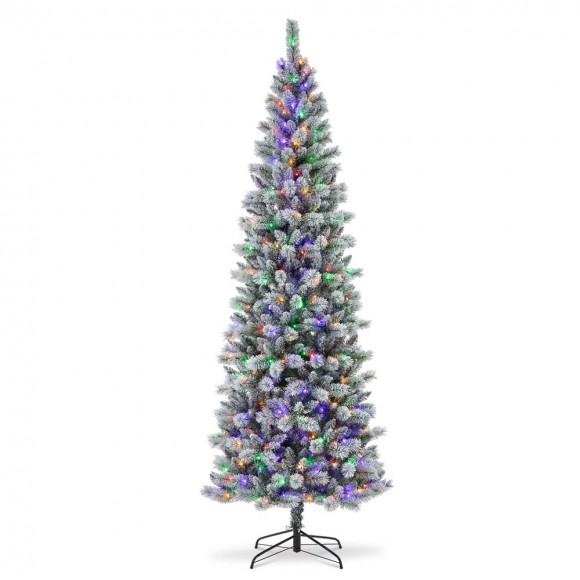 glitzhome Glitzhome 9ft Pre-Lit Flocked Pencil Pine Artificial Christmas Tree with 450 LED Lights