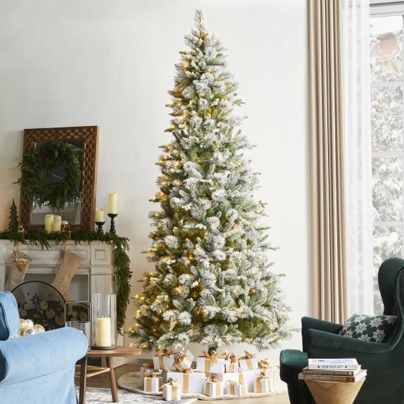 Glitzhome Glitzhome 9ft Pre-Lit Flocked Slim Pine Artificial Christmas Tree With 600 Warm White LED Lights 3 Funciton W/ Foot Pedal And Remote Control Simple Setup