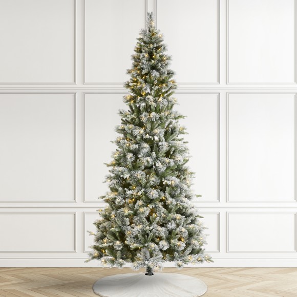 Glitzhome Glitzhome 9ft Pre-Lit Flocked Slim Pine Artificial Christmas Tree With 600 Warm White LED Lights 3 Funciton W/ Foot Pedal And Remote Control Simple Setup