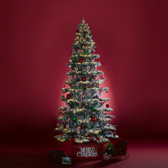 Glitzhome Glitzhome 9ft Pre-Lit Flocked Slim Spruce Artificial Christmas Tree With 460 Warm White Lights 3 Function