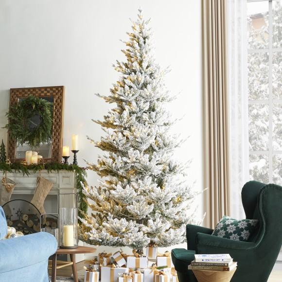 Glitzhome Glitzhome 9ft Pre-Lit Flocked Upward Slim Fir Artificial Christmas Tree With 600 Warm White Lights 3 Function W/Remote Control Simple Setup