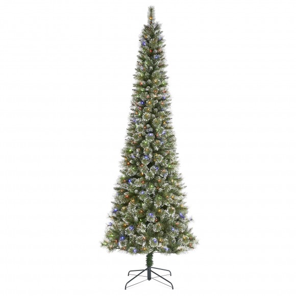 glitzhome Glitzhome 9ft Pre-Lit Frosted Cashmere Pencil Pine Artificial Christmas Tree with 350 Warm White/Multi-color C3 Clear LED Lights 9 Function w/Remote Control