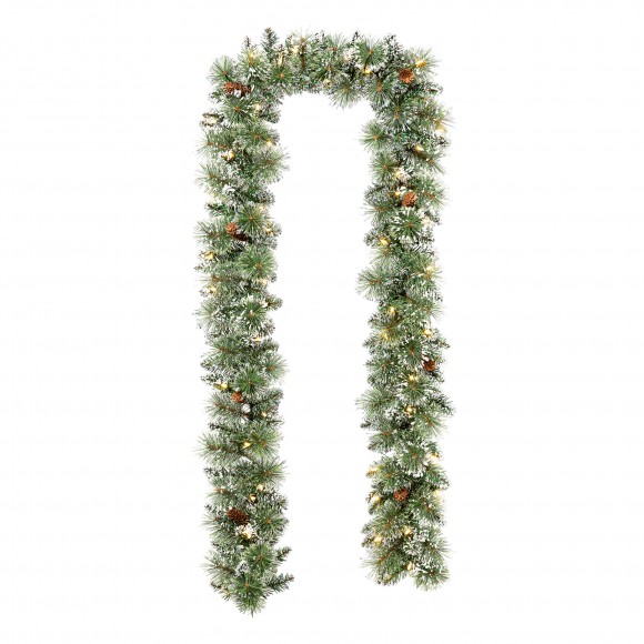 glitzhome Glitzhome 9ft Pre-Lit Frosted Greenery Pinecones Christmas Garland with 50 C3 Clear LED Lights and Timer Three Function