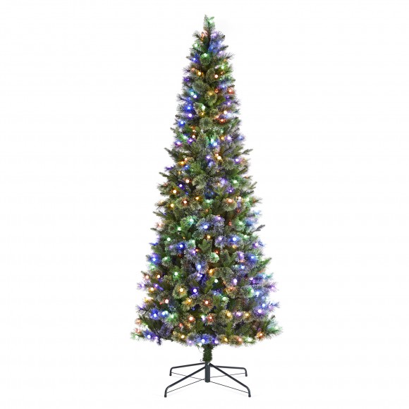 glitzhome Glitzhome 9ft Pre-Lit Green Cashmere Slim Pine Artificial Christmas Tree with 450 Warm White and Multi-color Globe LED Lights 9 funciton w/ Foot Pedal and Remote Control Simple Setup