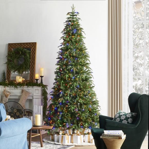 Glitzhome Glitzhome 9ft Pre-Lit Green Slim Fir Artificial Christmas Tree With 650 Warm White/Multi-color LED Lights 9 Function W/Remote Control Simple Setup