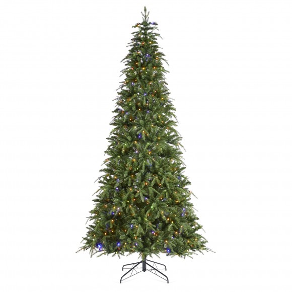 glitzhome Glitzhome 9ft Pre-Lit Green Slim Fir Artificial Christmas Tree with 650 Warm White/Multi-color LED Lights 9 Function w/Remote Control Simple Setup