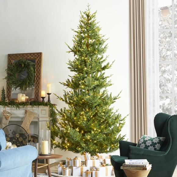 Glitzhome Glitzhome 9ft Pre-Lit Green Upward Slim Fir Artificial Christmas Tree With 700 Warm White And Multi-color LED Lights 9 Funciton W/ Foot Pedal And Remote Control Simple Setup