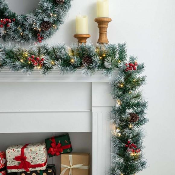 Glitzhome Glitzhome 9ft Pre-Lit Greenery Pine Cones And Red Berries Christmas Garland With 50 Warm White Lights(Includes Timer)