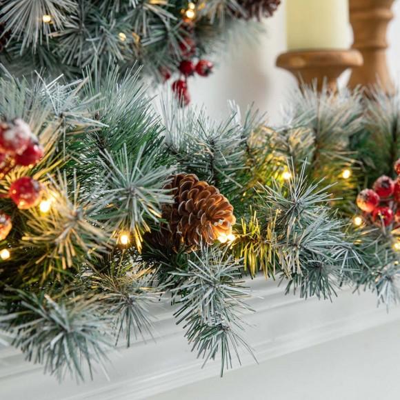 Glitzhome Glitzhome 9ft Pre-Lit Greenery Pine Cones And Red Berries Christmas Garland With 50 Warm White Lights(Includes Timer)