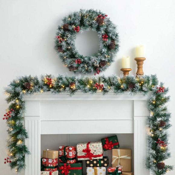 Glitzhome Glitzhome 9ft Pre-Lit Greenery Pine Cones And Red Berries Christmas Garland With 50 Warm White Lights(Includes Timer)