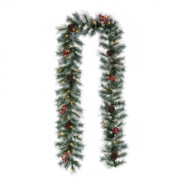 glitzhome Glitzhome 9ft Pre-Lit Greenery Pine Cones and Red Berries Christmas Garland with 50 Warm White Lights(Includes Timer)
