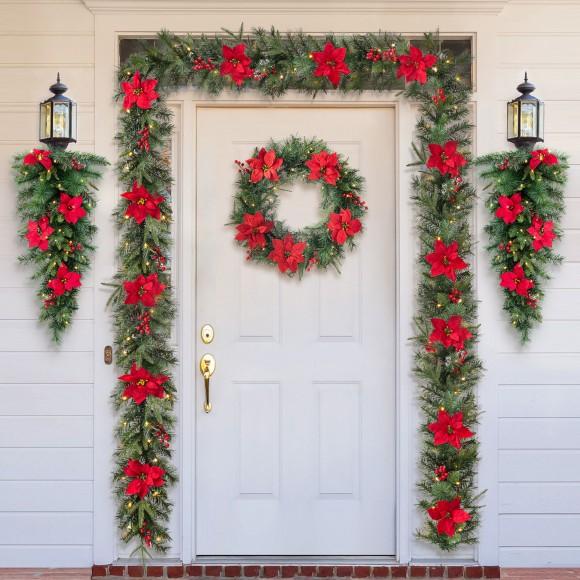 Glitzhome Glitzhome 9ft Pre-Lit Greenery Pine Poinsettia And Red Berries Christmas Garland With 70 Warm White Lights And Timer