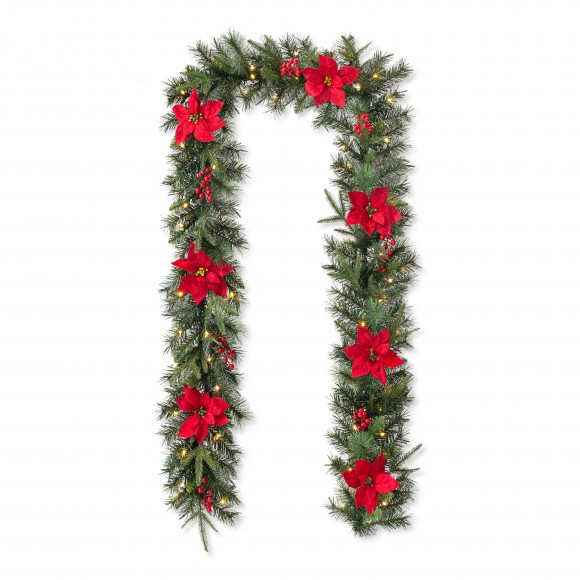 glitzhome Glitzhome 9ft Pre-Lit Greenery Pine Poinsettia and Red Berries Christmas Garland with 70 Warm White Lights and Timer