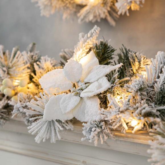 Glitzhome Glitzhome 9ft Pre-Lit Snow Flocked Greenery Pine Poinsettia Christmas Garland With 50 Warm White Lights(Includes Timer)