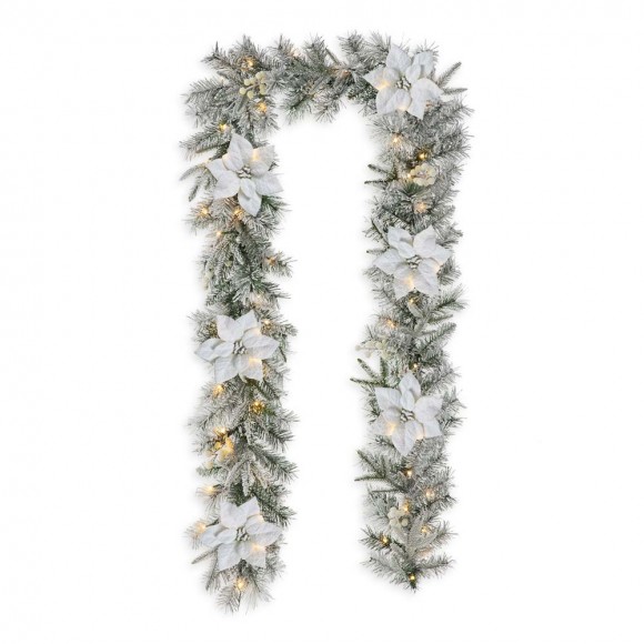 glitzhome Glitzhome 9ft Pre-Lit Snow Flocked Greenery Pine Poinsettia Christmas Garland with 50 Warm White Lights(Includes Timer)