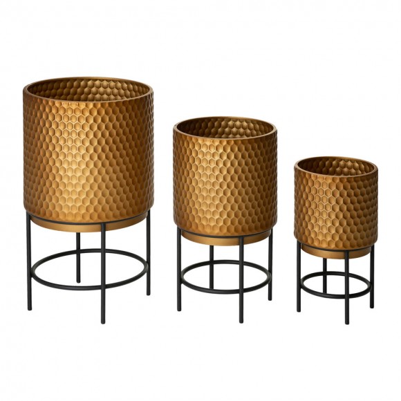 glitzhome Glitzhome Antique Gold Honeycomb Patterned Metal Potted Planter Stand Set of 3