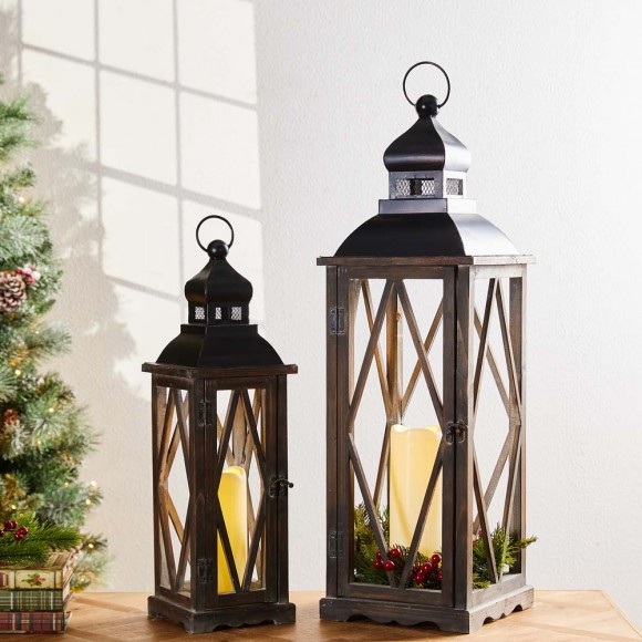 Glitzhome Glitzhome Black Farmhouse Wooden Lanterns With Diamond Window Frame Set Of 2