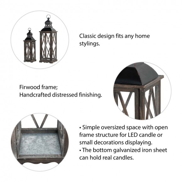 Glitzhome Glitzhome Black Farmhouse Wooden Lanterns With Diamond Window Frame Set Of 2