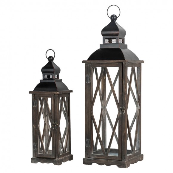 glitzhome Glitzhome Black Farmhouse Wooden Lanterns With Diamond Window Frame Set of 2