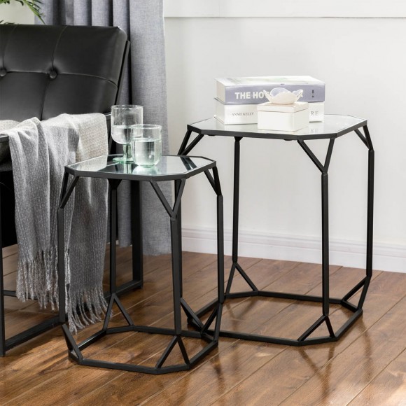 Glitzhome Glitzhome Black Metal Nesting Side & End Accent Table With Glass Top Set Of 2