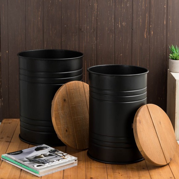 Glitzhome Glitzhome Black Metal Storage Accent Table Or Stool With Solid Wood Lid - Set Of 2