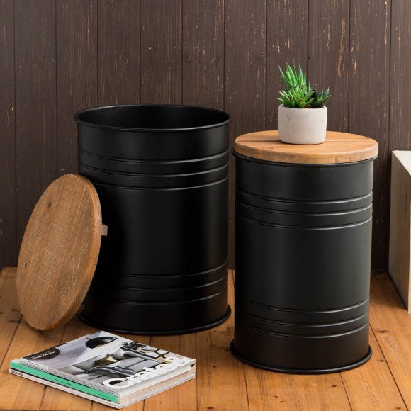 Glitzhome Glitzhome Black Metal Storage Accent Table Or Stool With Solid Wood Lid - Set Of 2