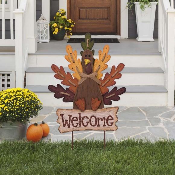 Glitzhome Glitzhome Burlap Wooden Autumn Turkey Welcome Sign Or Yard Stake