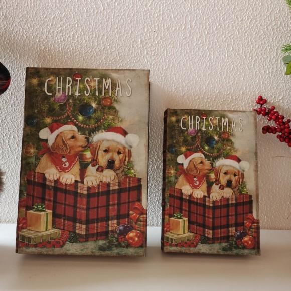 Glitzhome Glitzhome Decorative Vintage Dog Print Book Shaped Christmas Storage Book Box Set Of 2