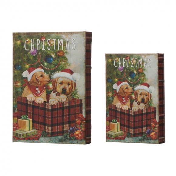 Glitzhome Glitzhome Decorative Vintage Dog Print Book Shaped Christmas Storage Book Box Set Of 2