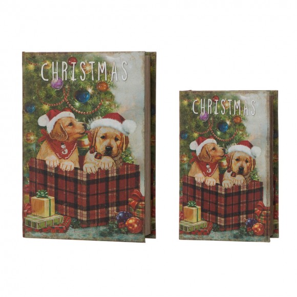 glitzhome Glitzhome Decorative Vintage Dog Print Book Shaped Christmas Storage Book Box Set of 2