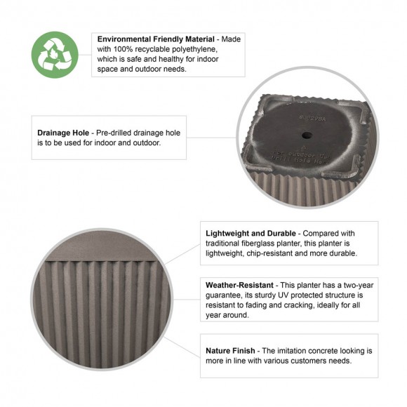 Glitzhome Glitzhome Eco-friendly Large Faux Concrete Tall Square Plastic Fluted Pot Planters Set Of 2