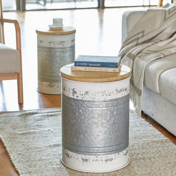 Glitzhome Glitzhome Farmhouse Distressed White Galvanized Metal Storage Accent Table Or Stool With Solid Wood Lid Set Of 2